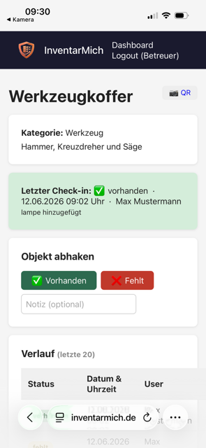 Objektseite mit letztem Check-In, Abhaken-Funktion und Verlauf, Bild privat